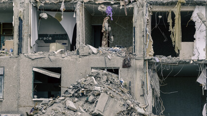 destroyed and burned houses in the city in Ukraine