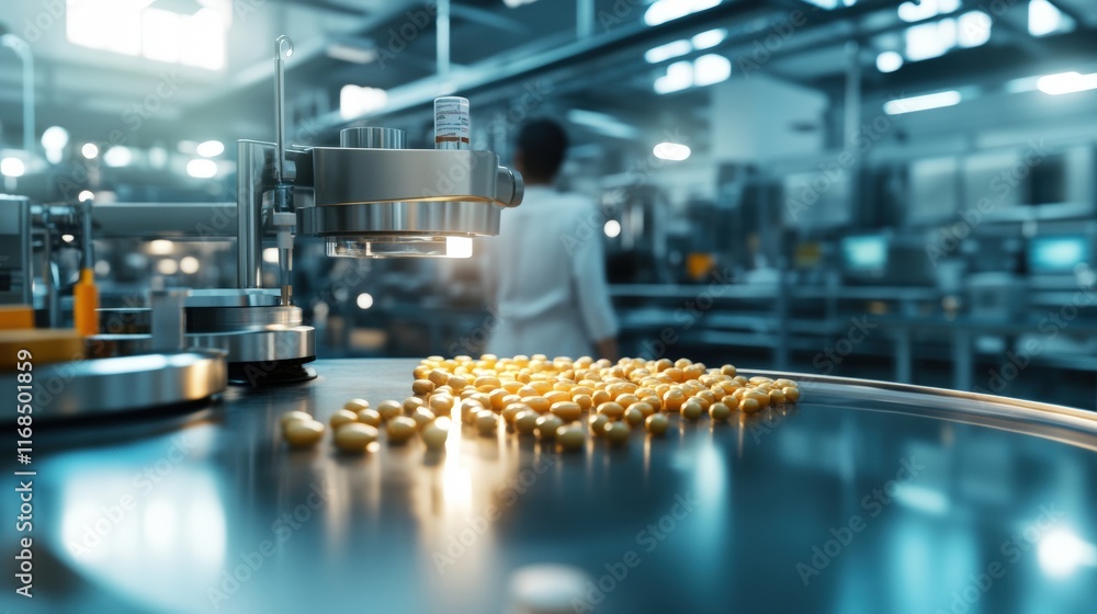 Aufkleber a close-up view of a production line with yellow capsules on a metal surface, showcasing automated m