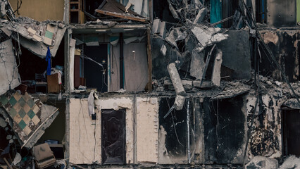 destroyed and burned houses in the city in Ukraine
