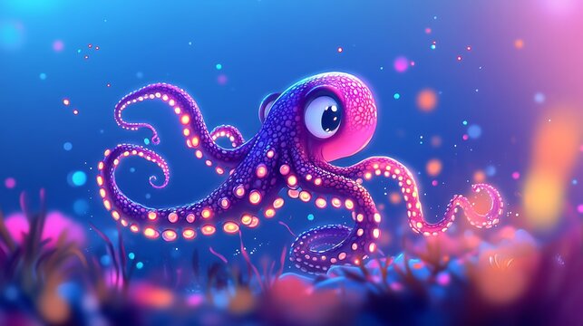 Cute glowing octopus in a vibrant coral reef.
