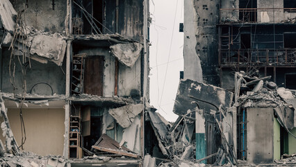 destroyed and burned houses in the city in Ukraine