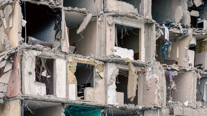 destroyed and burned houses in the city in Ukraine