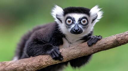Fototapeta premium A close-up of a black and white lemur perched on a branch.