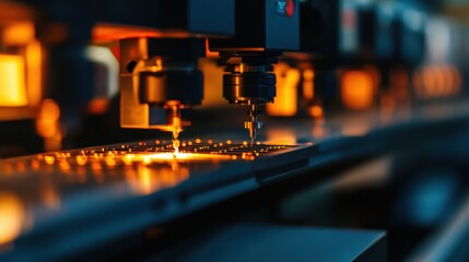 A close-up view of precision machinery working on a circuit board, illuminated by warm lighting, highlighting intricate details of the manufacturing process.
