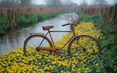 Fototapeta premium Vintage bicycle amidst yellow wildflowers by a tranquil canal in a misty rural landscape.