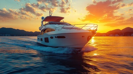 Luxury yacht cruising at sunset.