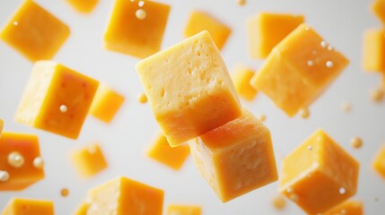 Cheese Cubes Floating Isolated on a White Background 8K Realistic

