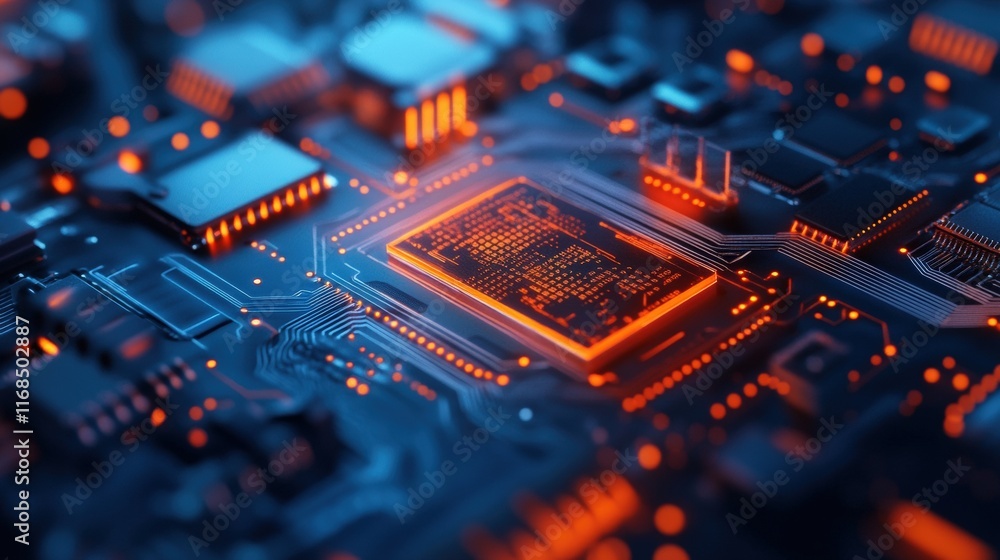 Poster a close-up of a circuit board showcasing intricate patterns and glowing elements, reflecting advance