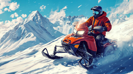 Colorful snowmobile adventure through stunning winter mountainscape filled with deep snow