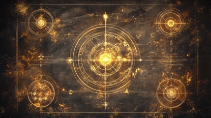 A mystical diagram of alchemical circles and symbols glowing in golden energy against dark parchment