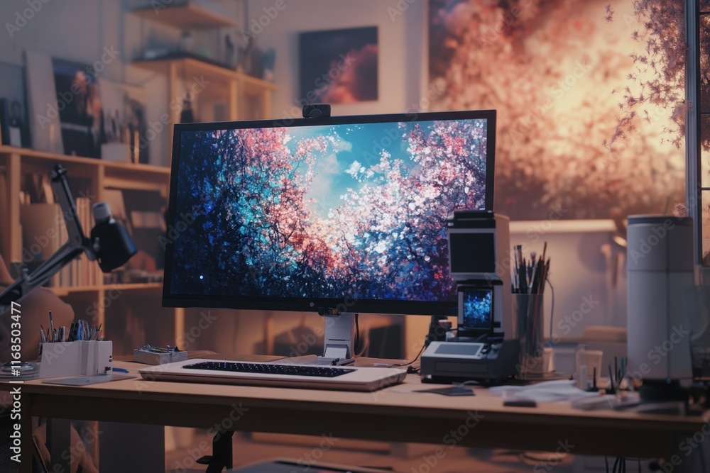 Poster workspace featuring a computer monitor displaying vibrant abstract art at night
