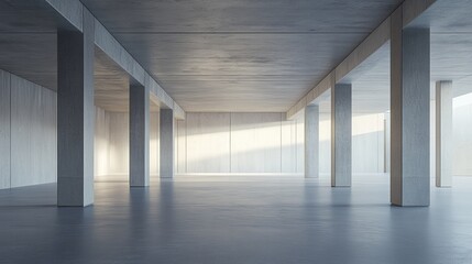Fototapeta premium Sunlit minimalist concrete interior space with columns and polished floor.