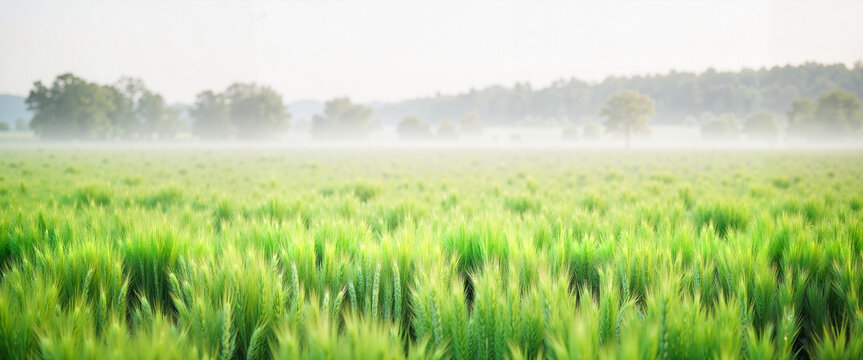 Early spring wheat field in morning fog, symbol of renewal - Powered by Adobe