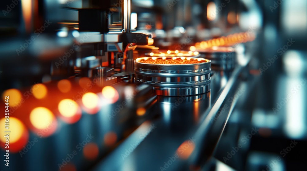 Poster a close-up of a manufacturing process, showcasing metallic components with glowing lights, emphasizi