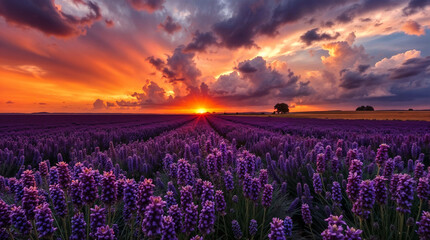 Fototapeta premium Lavender field beneath a dramatic sunset with stormy skies. Warm, slightly dark tones, soft contrast and saturation