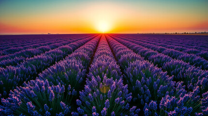 Lavender field under a setting sun