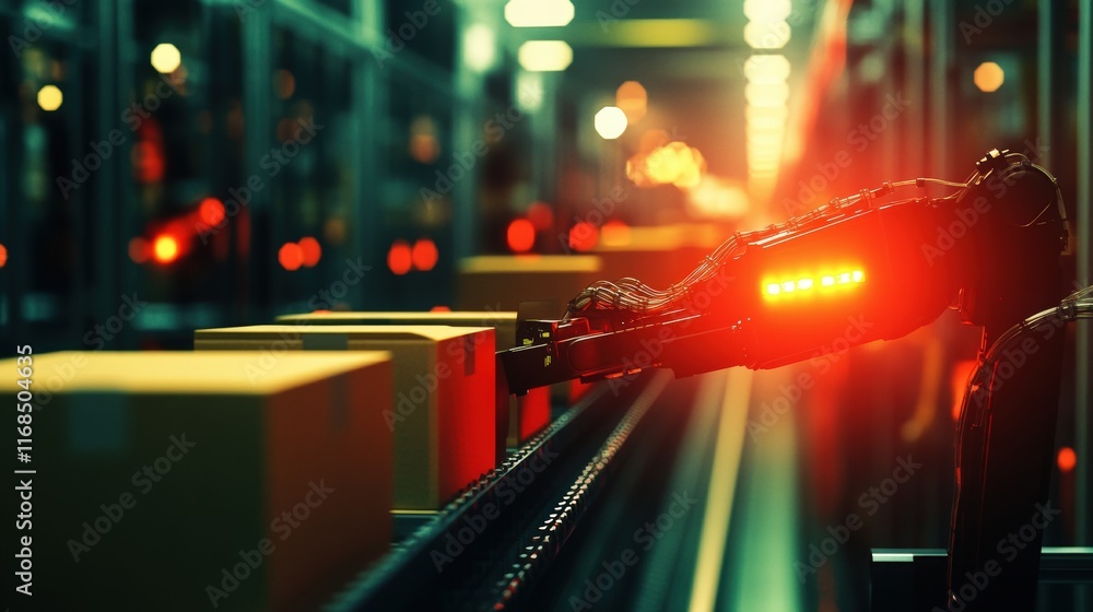 Poster robotic arm in a high-tech warehouse environment, efficiently handling packages with glowing lights,