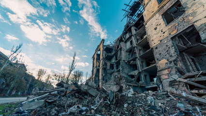 destroyed and burned houses in the city in Ukraine