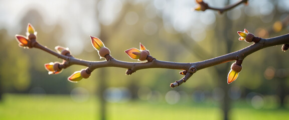 Closed buds emerging on tree branch in park, symbol of spring