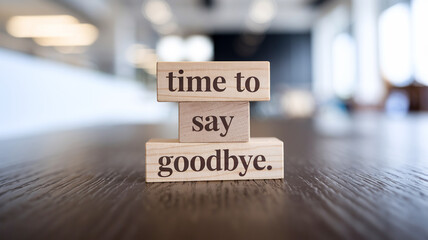 Three stacked wooden blocks display "Time to," "say," and "goodbye." in dark brown serif font on a dark wooden surface. A blurred bright interior background adds a warm, reflective tone.






