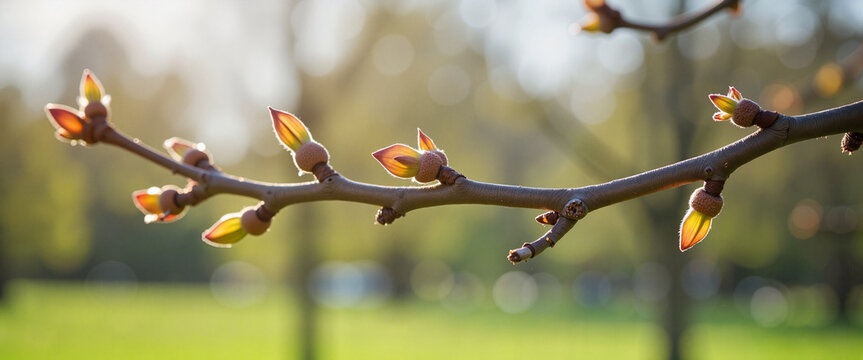 Closed buds emerging on tree branch in park, symbol of spring - Powered by Adobe