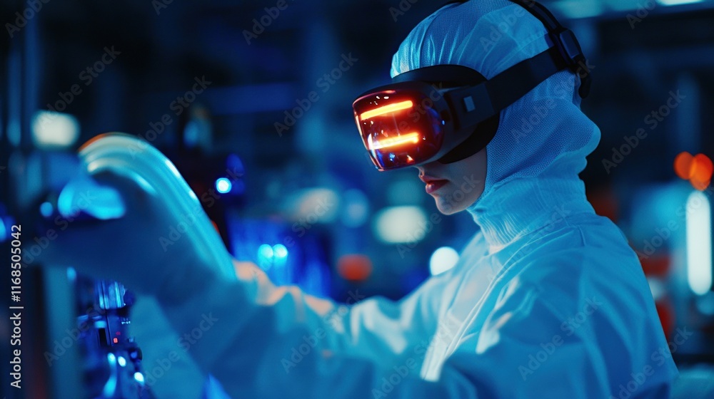 Poster a scientist in a protective suit uses vr technology in a high-tech lab, surrounded by glowing equipm