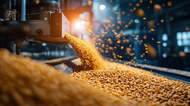 A close-up of grains being processed in a factory, showcasing the flow of golden grains into a conveyor system under bright industrial lighting.