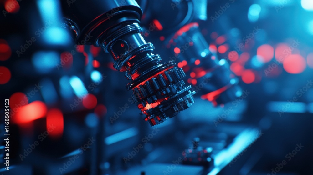 Poster a close-up view of robotic machinery with glowing components, showcasing intricate details in a high