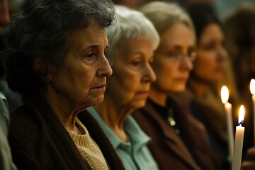 Fototapeta premium Elderly women holding candles during a commemoration ceremony