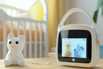 Device capturing moments of plush toys in a bright nursery setting with crib nearby