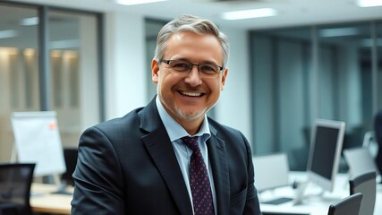 Naklejka premium Confident senior businessman in suit smiling in modern office setting, businessman, mature