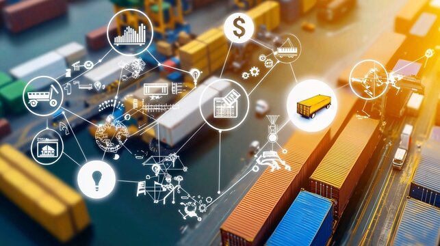 Cargo management and logistics and ransportation concept. Logistics Concepts with Container Shipment and Icons