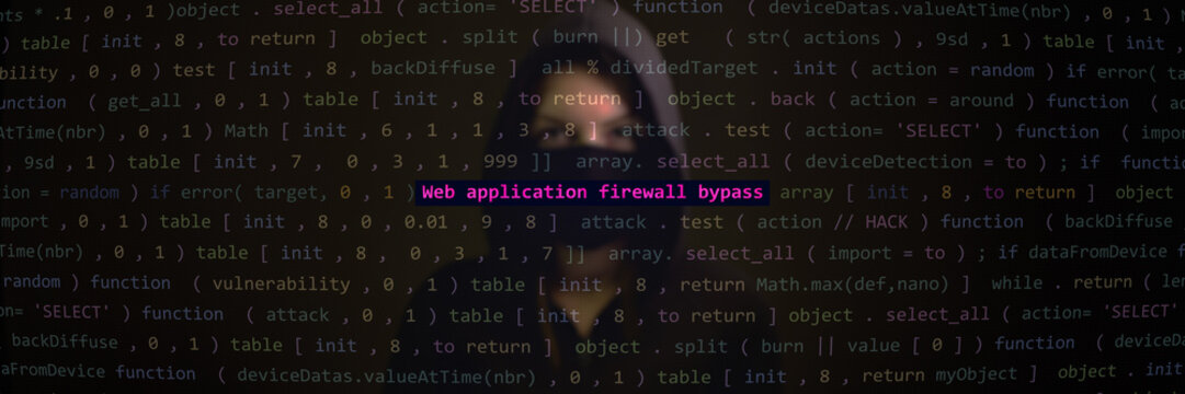 Cyber attack web application firewall bypass text in foreground screen, hacker in the blurred background. Vulnerability text in binary system ascii art style, code on editor screen. Text in English