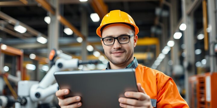 Confident engineer using digital tablet to control robotic arm in industrial setting, digital tablet, confident