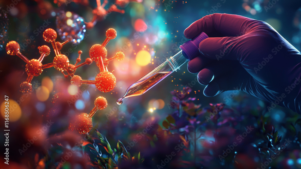Poster scientific experiment demonstrating molecular interaction in a lab setting with vivid colors and lig