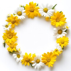 Obraz premium Yellow and white flowers in the shape of a circle on a pure white spring sumer background