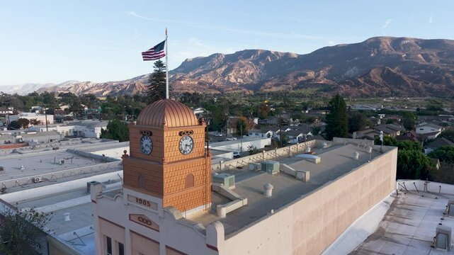 The Town Clock - drone circling around the Odd fellows lodge clock tower in Santa Paula, CA