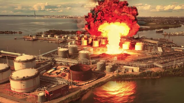 Oil refinery burning, oil depot fire, drone attack.