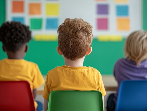 A classroom scene featuring three young children sitting in colorful chairs, focused on a board with various colored papers.