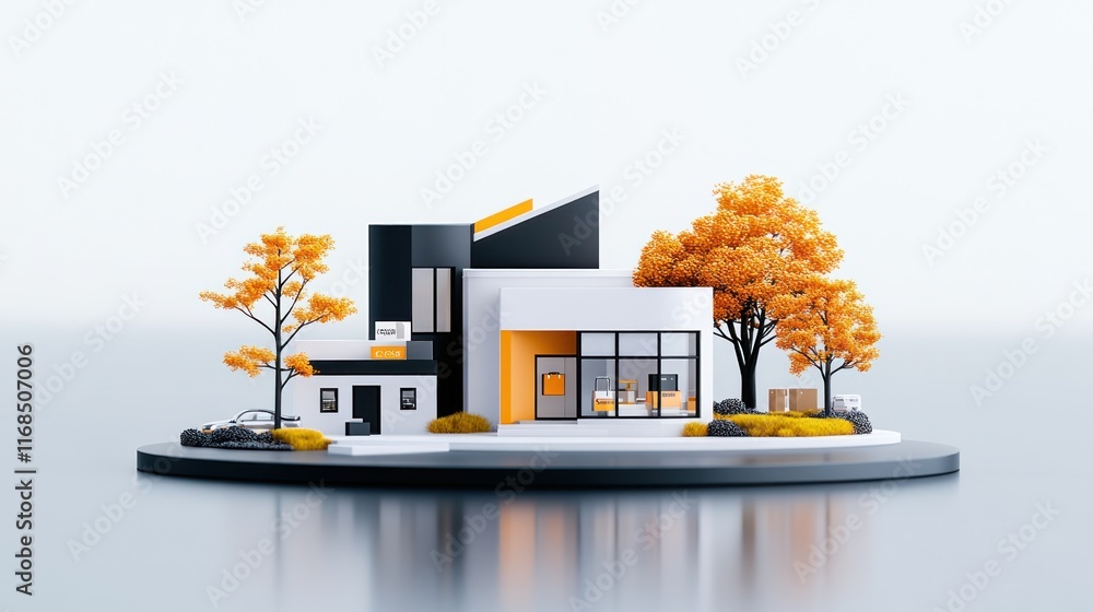 Poster modern architectural model with trees and a sleek design.