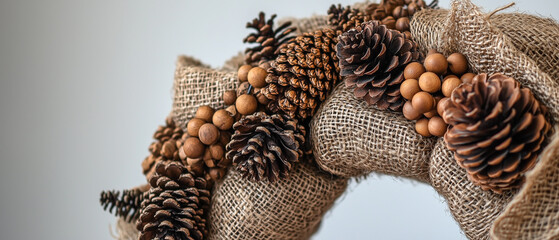 Rustic wreath of burlap ribbons, pinecones, and natural wooden beads-3