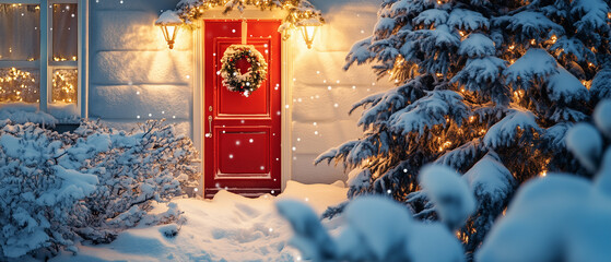 Snow-covered cottage, red door glowing, festive tree sparkling with holiday ornaments-1
