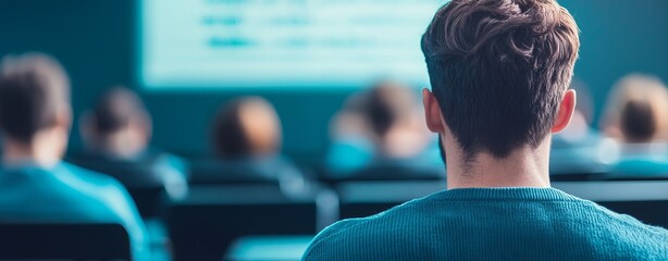 A focused individual listens attentively during a presentation in a classroom setting, surrounded by other participants.