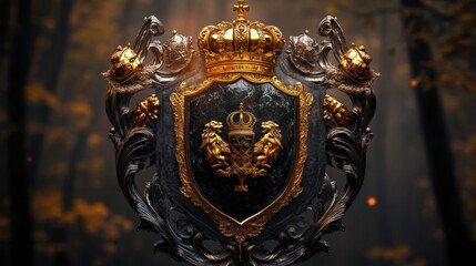 Fototapeta premium A royal heraldic shield with intricate lions, crowns, and banners, glowing softly