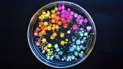 Colorful bacteria cultures in petri dish laboratory scientific photography dark environment top view microbiology concept