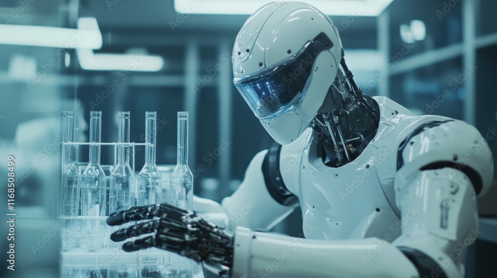 Poster robot conducting experiments in high-tech laboratory science futuristic environment close-up viewpoi