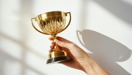 Hand holding a golden trophy against a white background with shadows.
