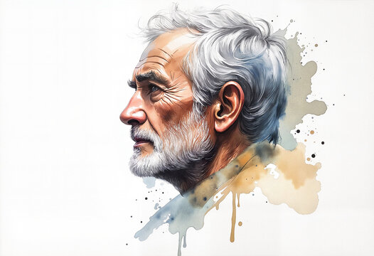 Profile portrait of thoughtful elderly man with artistic watercolor background