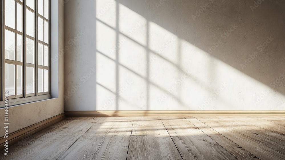 Poster sunlight streams through a large window into an empty room with hardwood floors and white walls.
