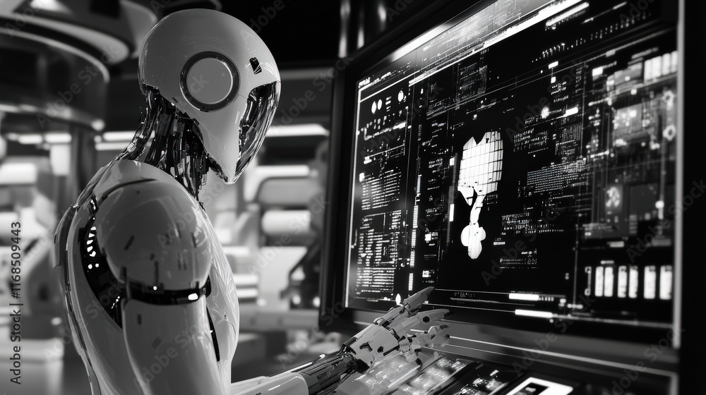 Poster robotic interaction with advanced technology futuristic lab digital display high-tech environment cl